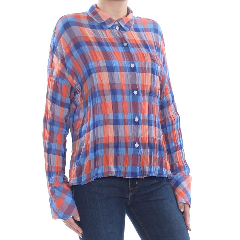 Nwt Sanctuary Womens Blue Plaid Long Sleeve Collared Button Up Top Xs